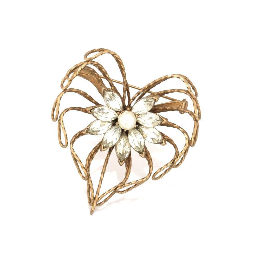 Vintage Gold Tone Heart Brooch Twisted Wire Marquise Rhinestone and Pearl Center